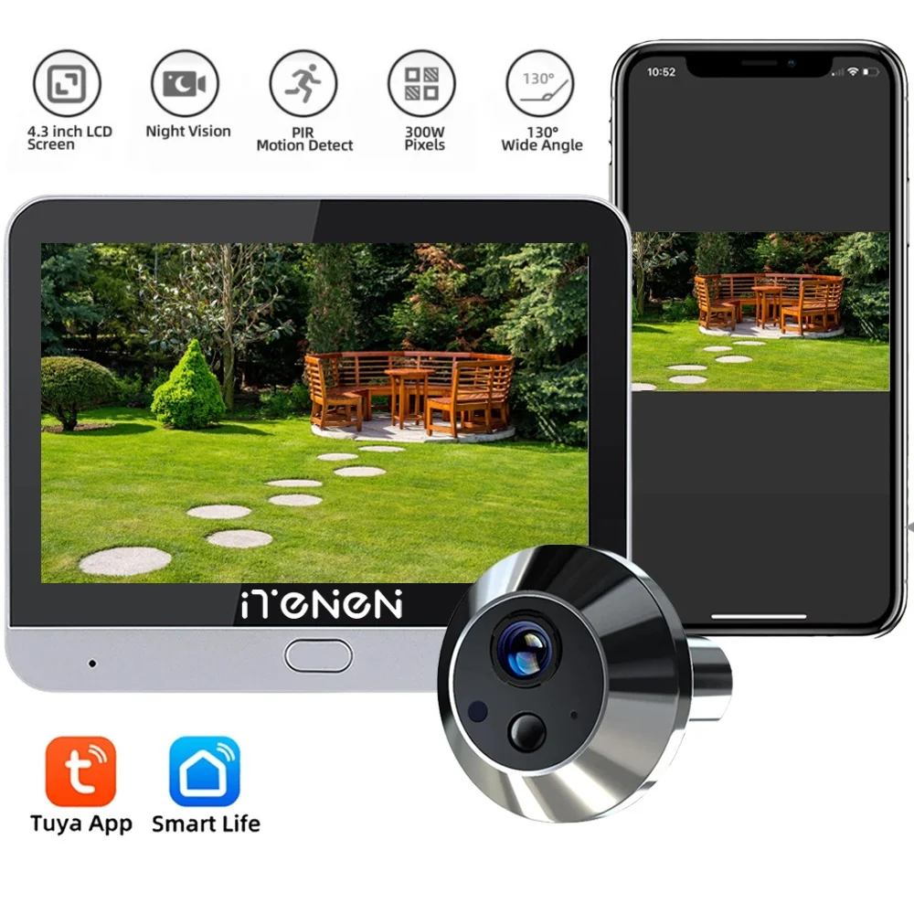 Smart Life Home Security Wireless 2.4G Wifi 3MP Peepholes Door Eye Tuya PIR detection Video Door Camera With 4.3 inch Screen